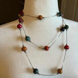 60” Forest Colors Very Long Stationary Wooden Bead Necklace EUC